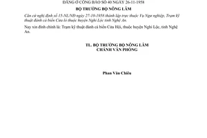 Quyết định 15-NL/NĐ  Đính chính Công báo 40 ngày 26-11-1958 địa điểm trạm kỹ thuật đánh cá biển ở huyện Nghi Lộc, Nghệ An