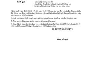 Thông tư 79-VN-CB/PC quy định đãi ngộ thương binh ở trại đi học