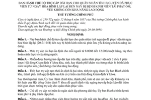 Nghị định 523-TTg chế độ trợ cấp dài hạn cho quân nhân tình nguyện đã phục viên từ ngày hòa bình lập lại đến nay bị bệnh kinh niên tái phát ốm, yếu