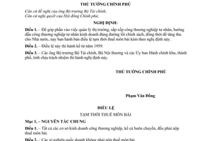 Nghị định 559-TTg bản điều lệ tạm thời thuế môn bài