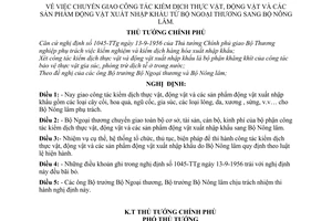 Nghị định 262-TTg chuyển giao công tác kiểm dịch thực vật, động vật và các sản phẩm động vật xuất nhập khẩu từ Bộ Ngoại thương sang Bộ Nông lâm