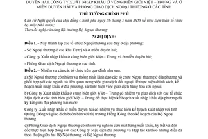 Nghị định 279-TTg thành lập các tổ chức Ngoại thương ở các khu Tự trị và ở miền duyên hải, Công ty xuất nhập khẩu ở vùng biên giới Việt – Trung