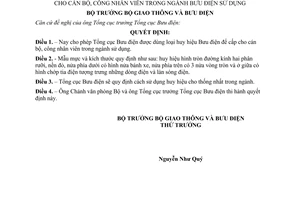 Quyết định 171-QĐ cho phép Tổng cục Bưu điện được dùng loại huy hiệu Bưu điện để cấp cho cán bộ, công nhân viên trong ngành Bưu điện sử dụng