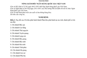 Nghị định 92-VP/NGĐ đổi các Chi kho phát hành thành Phân kho phát hành tại các tỉnh và thành phố