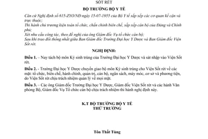 Nghị định 775-BYT/NĐ sát nhập bộ môn Ký sinh trùng của Trường Đại học Y Dược vào Viện Sốt rét