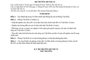 Nghị định 518-NV thành lập Phòng Việt Kiều ở trong Vụ Dân chính, Bộ Nội vụ