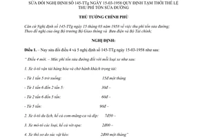 Nghị định 407-TTg sửa đổi Nghị định 145-TTG ngày 15-03-1958 Quy định tạm thời thể lệ thu phí tổn sửa đường