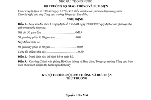 Nghị định 105-NĐ quy định giá cước loại gói nhỏ gửi trong nước để sửa đổi Nghị định 330-NĐ