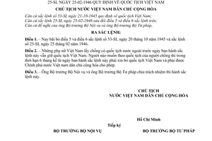 Sắc lệnh 051-SL bãi bỏ Sắc lệnh 53-SL 25-SL quy định Quốc tịch Việt Nam