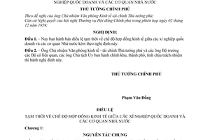 Nghị định 004-TTg điều lệ tạm thời về chế độ hợp đồng kinh tế giữa các xí nghiệp quốc doanh và các cơ quan Nhà nước