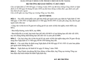 Quyết định  021-QĐ quy định cước phí bưu điện đi nước ngoài sửa đổi Nghị định số 160-NĐ