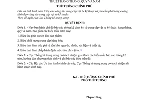 Quyết định 111-TTg chế độ báo cáo thống kê định kỳ cung cấp vật tư kỹ thuật hàng tháng, quý và năm