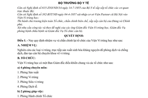 Quyết định 302-BYT/QĐ Quy định nhiệm vụ và chấn chỉnh lại tổ chức của Viện Vi trùng học
