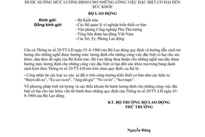 Thông tư 1455/LĐ/TL xét duyệt nghề thuộc ngành kiến thiết cơ bản hưởng mức lương định công việc đặc biệt có hại sức khỏe