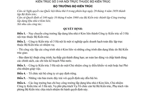 Quyết định 832-BKT chuyển công trường lắp dựng khu nhà ở Kim liên thành Công ty Kiến trúc số 3 Hà nội thuộc Bộ Kiến trúc