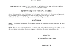 Quyết định 298-QĐ quy định  trang bị phòng hộ của công nhân viên ngành Giao thông vận tải và Bưu điện