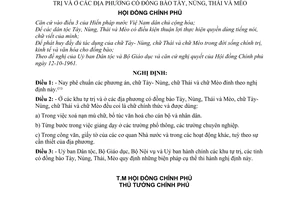 Nghị định 206-CP quy định việc dùng chữ Tày-Nùng, chữ Thái và chữ Mèo ở các khu tự trị và ở các địa phương có đồng bào Tày, Nùng, Thái và Mèo