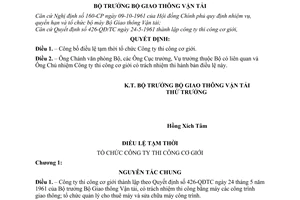 Quyết định 1268-QĐ/TC công bố đìều lệ tạm thời tổ chức Công ty thi công cơ giới