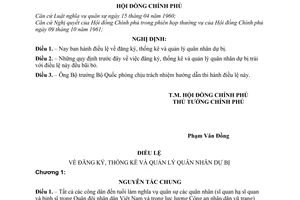 Nghị định 217-CP điều lệ về đăng ký, thống kê và quản lý quân nhân dự bị