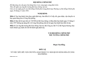 Nghị định 38-CP điều lệ về xếp dỡ, giao nhân, vận chuyển và bảo quản hàng hóa ở Cảng Hải phòng