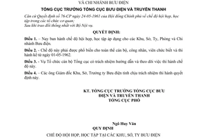 Quyết định 142-QĐ chế độ hội họp, học tập áp dụng cho các Khu, Sở, Ty, Phòng và chi nhánh Bưu điện