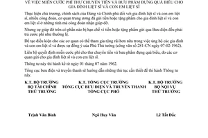 Thông tư 319-TT/LB miễn cước phí thư chuyển tiền bưu phẩm đựng quà biếu gia đình liệt sĩ con em liệt