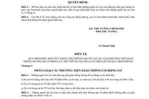 Quyết định 70-TTg  điều lệ quy định điều kiện sức khỏe cho người lái xe đường bộ có động cơ