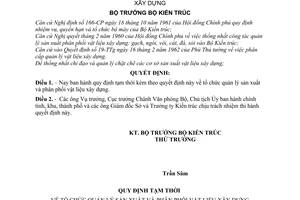 Quyết định 1353-BKT quy định tạm thời tổ chức quản lý sản xuất và phân phối vật liệu xây dựng