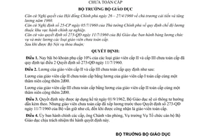 Quyết định 708-QĐ bãi bỏ khoản phụ cấp 10% các loại giáo viên cấp II và cấp III chưa toàn cấp