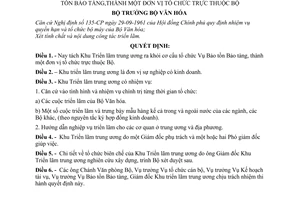 Quyết định 604-VH-QĐ tách Khu triển lãm trung ương khỏi cơ cấu tổ chức Vụ Bảo tồn Bảo tàng, thành một đơn vị tổ chức trực thuộc Bộ