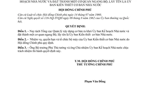 Quyết định 107-CP tách Tổng cục Quản lý xây dựng cơ bản ra khỏi Ủy ban Kế hoạch Nhà nước thành Ủy ban Kiến thiết cơ bản Nhà nước