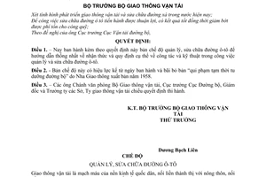 Quyết định 1077-QĐ chế độ quản lý, sửa chữa đường ô tô