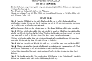 Quyết định 112-CP phân công giữa các Bộ trong việc thi công xây lắp bổ sung Quyết định 77-CP