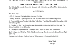 Nghị Quyết đổi tên khu tự trị Thái Mèo và thành lập ba tỉnh trong khu tự trị Thái Mèo