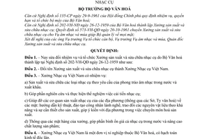 Quyết định 822-VH-ĐQ sửa đổi nhiệm vụ tổ chức xưởng sản xuất và sửa chữa nhạc cụ