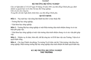Quyết định 01-NN-QĐ tách Học viện nông lâm thành 2 đơn vị thuộc Bộ Nông nghiệp