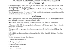 Quyết định167-BYT-QĐ giải thể Quốc doanh dược phẩm Trung ương, thành lập Quốc doanh dược phẩm cấp I trực thuộc Cục phân phối dược phẩm
