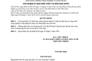 Quyết định184-UB-ĐM 121 định mức năng suất lao động cho công tác lắp ráp công trình công nghiệp dân dụng