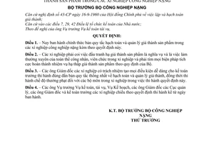 Quyết định 299-BCNNg-TV chính thức quy tắc hạch toán quản lý giá thành sản phẩm trong xí nghiệp công nghiệp nặng