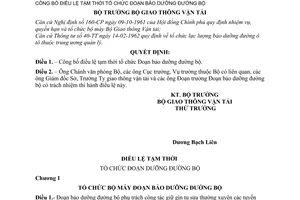 Quyết định 533-VP công bố điều lệ tạm thời tổ chức Đoạn bảo dưỡng đường bộ