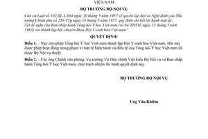 Quyết định 116-NV cho phép Tổng hội Y học Việt nam thành lập hội Y sinh hóa Việt nam