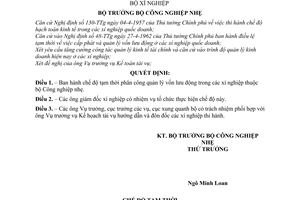 Quyết định 214-BCNN-TV chế độ tạm thời phân công quản lý vốn lưu động trong nội bộ xí nghiệp