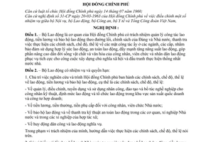 Nghị định 187-CP quy định nhiệm vụ, quyền hạn và tổ chức bộ máy của Bộ Lao động