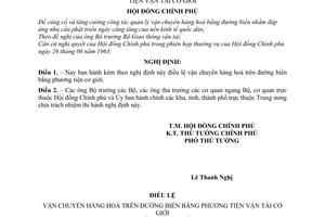 Nghị định 196-CP điều lệ vận chuyển hàng hoá trên đường biển bằng phương tiện vận tải cơ giới