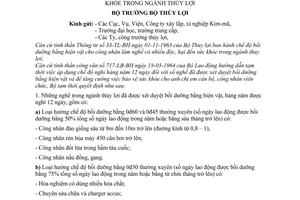 Thông tư 18-TL-TT chế độ nghỉ 12 ngày công nhân nghề có hại sức khỏe trong ngành thủy lợi