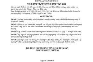 Quyết định  431-TS-QĐ  hợp nhất trường nghiệp vụ Gia Lâm vào trường trung cấp Thủy sản trung ương II