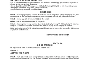 Quyết định 267-BCNNh-QĐ chế độ tạm thời về hạch toán kinh tế phân xưởng và tổ sản xuất