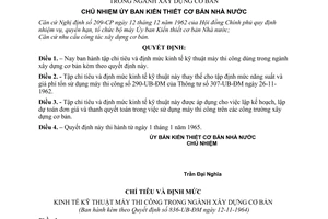 Quyết định 836-UB-ĐM chỉ tiêu  định mức kinh tế kỹ thuật máy thi công trong ngành xây dựng cơ bản