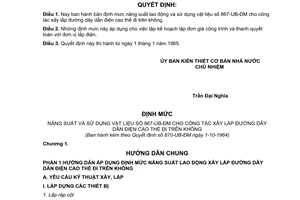 Quyết định 870-UB-ĐM năng suất lao động và sử dụng vật liệu 867-UB-ĐM cho công tác xây dựng đường dây dẫn điện cao thế đi trên không