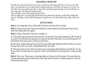 Quyết định179-CP lập Công ty Bảo hiểm Việt nam
